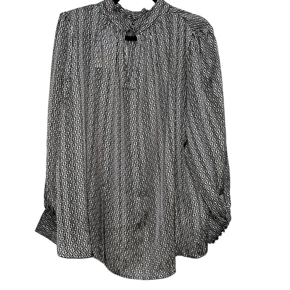 H&M Patterned Sheer Standup Long Sleeve Crepe Dressy Metallic Blouse - Picture 9 of 14